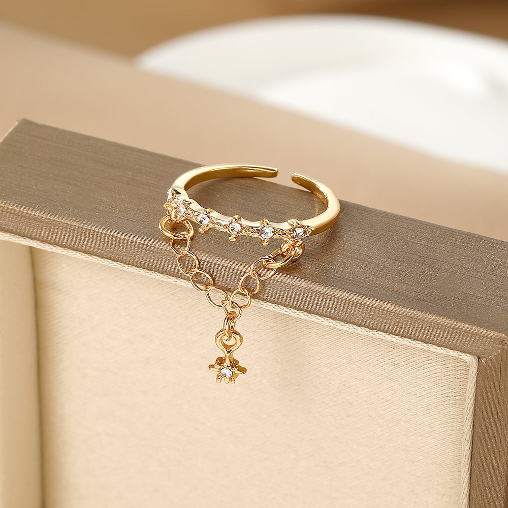 Gold Chain Dangle Ring with Crystal Flower Charm – Adjustable Elegant Statement Ring