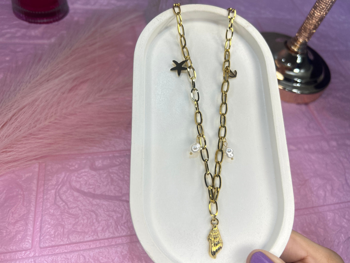 Starlit Seas Charm Link Necklace | Gold Chain with Pearl & Shell Charms