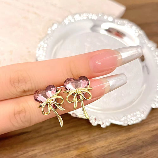 Crystal Heart Ribbon Studs