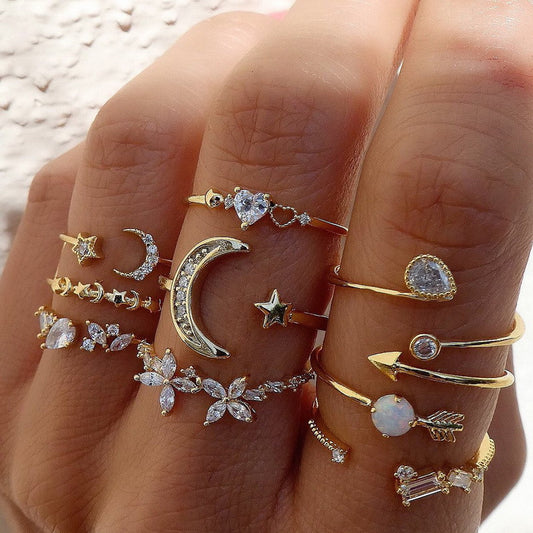 Gold Dainty Crystal Ring Set – 7-Piece Stacking Rings