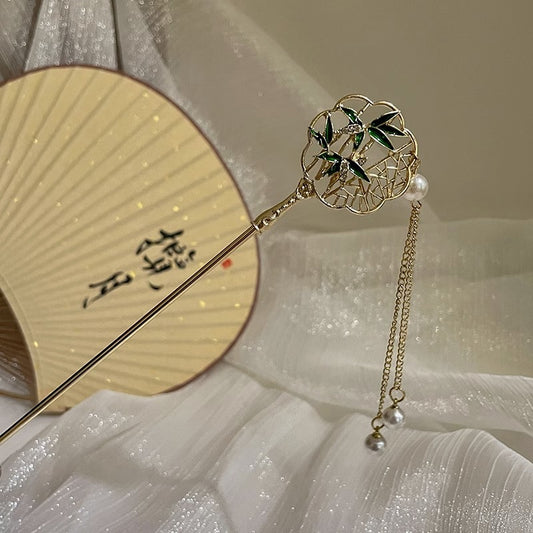 🎋 Elegant Green Bamboo Hairpin – Traditional Kanzashi Hair Stick