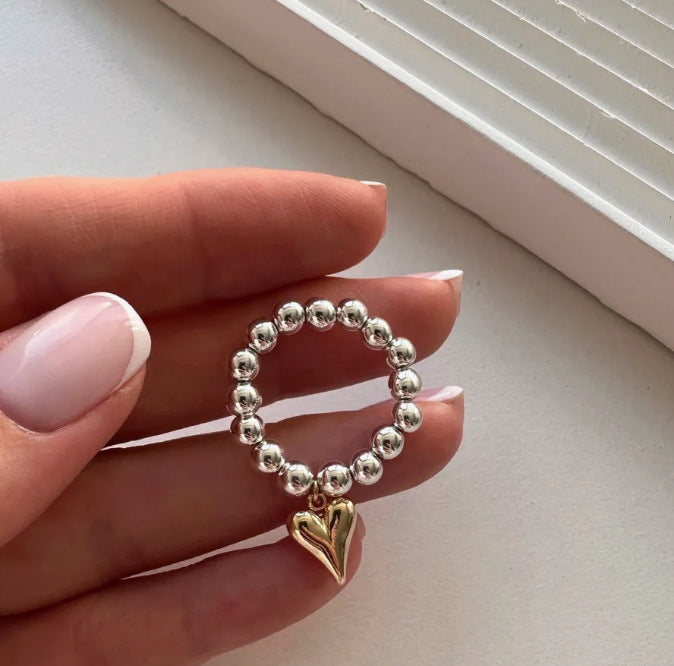 Silver Beaded Ring with Gold Heart Charm – Minimalist Cute Adjustable Band