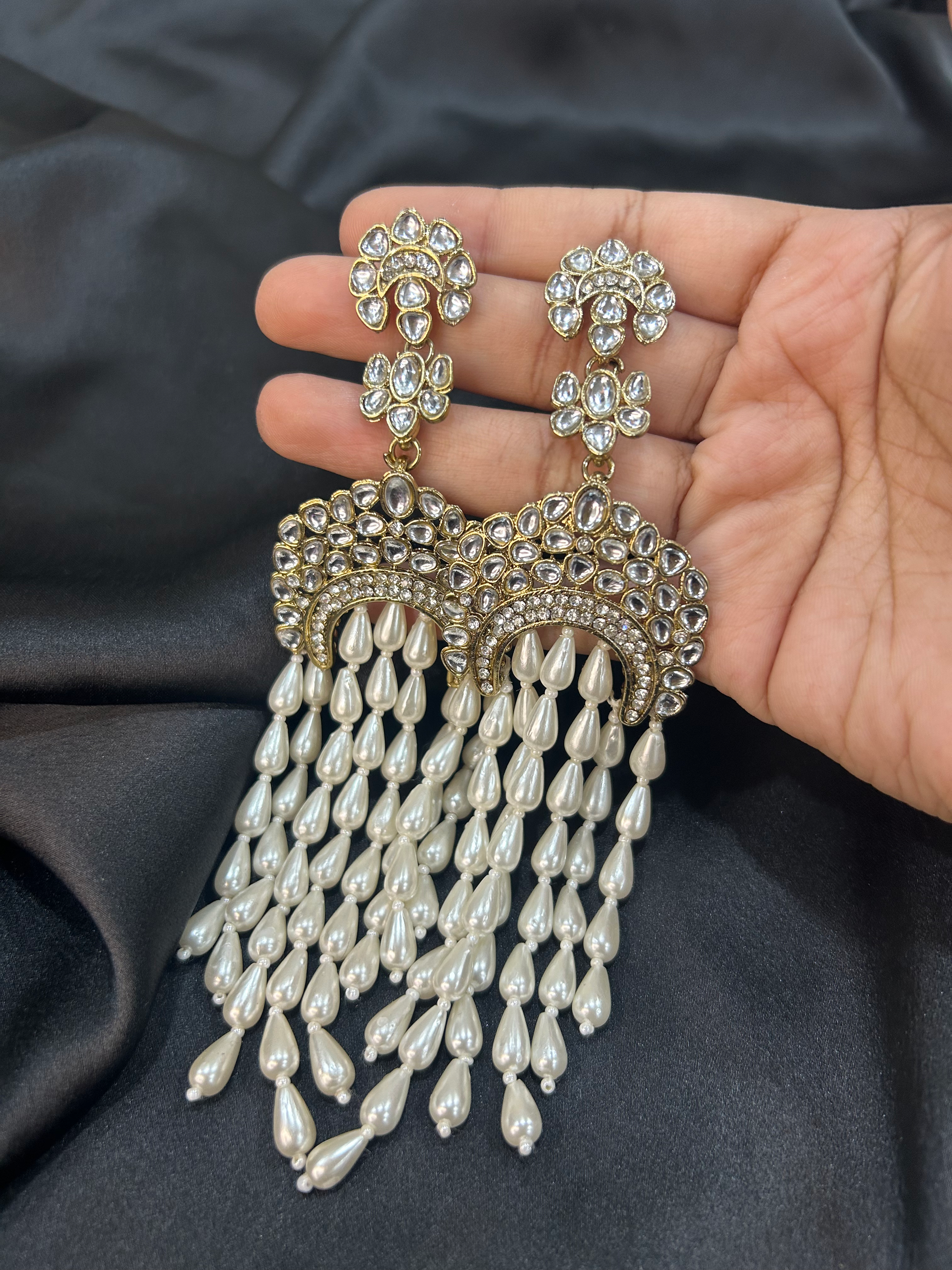 Kundan waterfall pearl earrings with ivory pearl drops