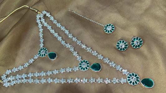 Sanaya 3 Layer Green Necklace Set with AD stones