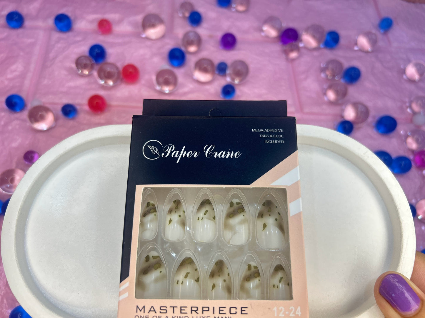 White Design Press On Nails for Women Fake Nails 12 Pcs with Nail Stickers ,beautiful fake false nails