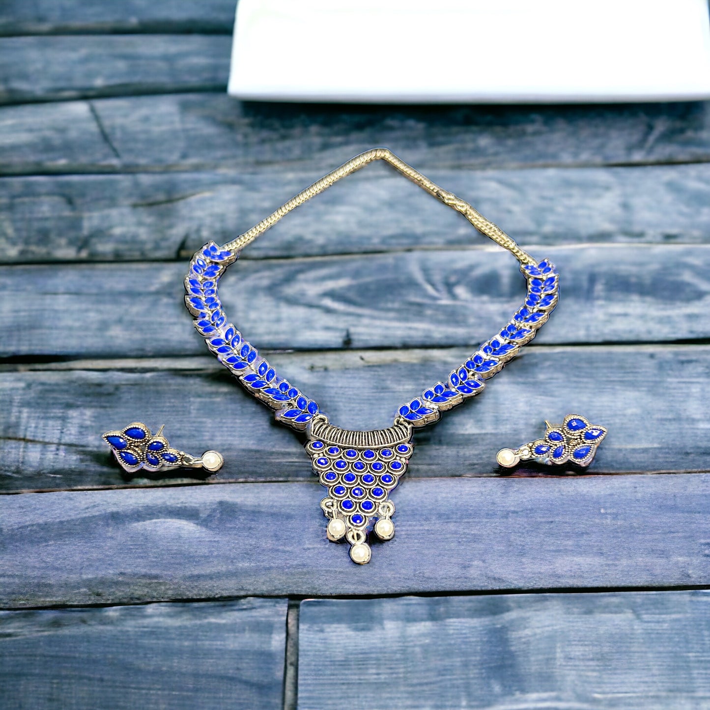 Mrinika Royal Blue German Silver Necklace Set