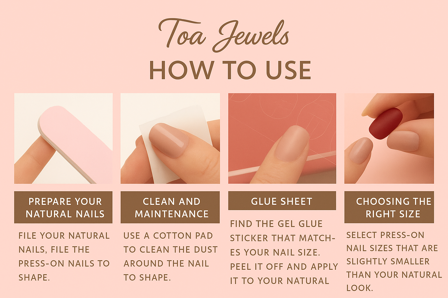 Instructions on how to use press-on nails with Toa Jewels on a pink background.